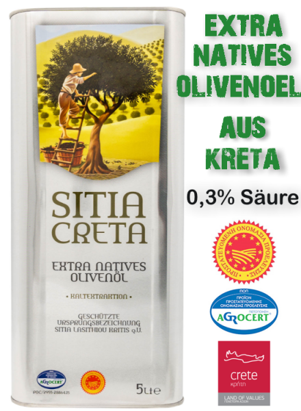 SITIA KRETA Natives Olivenöl Extra PDO Sitia - 0,3% Säure - 5 Liter